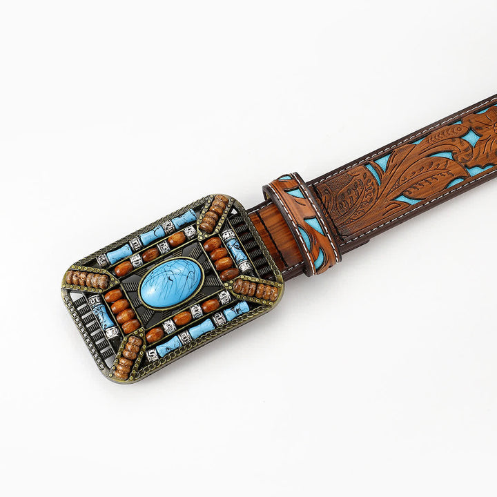 Women's Turquoise Wood Bead Buckle Engraved Leather Belt - image 3