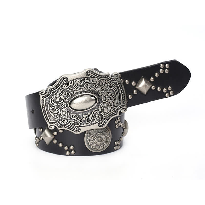 Men's Punk Floral Buckle Rivet Studded Leather Belt - image 3