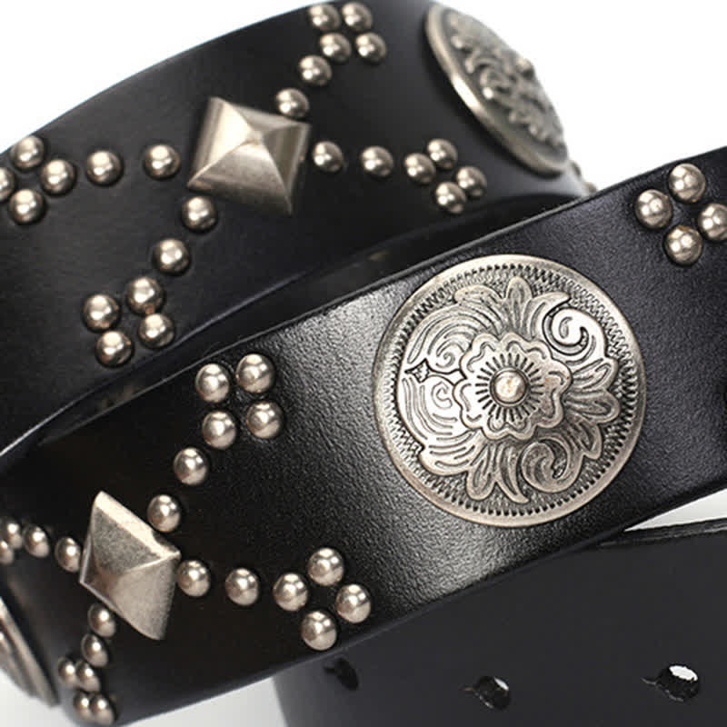Men's Punk Floral Buckle Rivet Studded Leather Belt - image 8