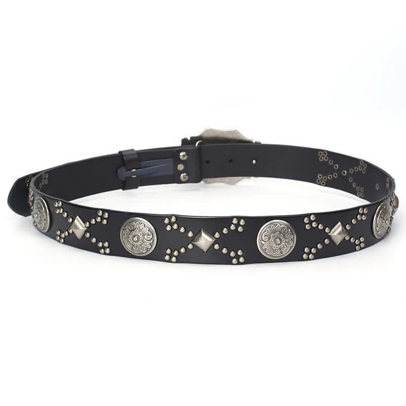 Men's Punk Floral Buckle Rivet Studded Leather Belt - image 2