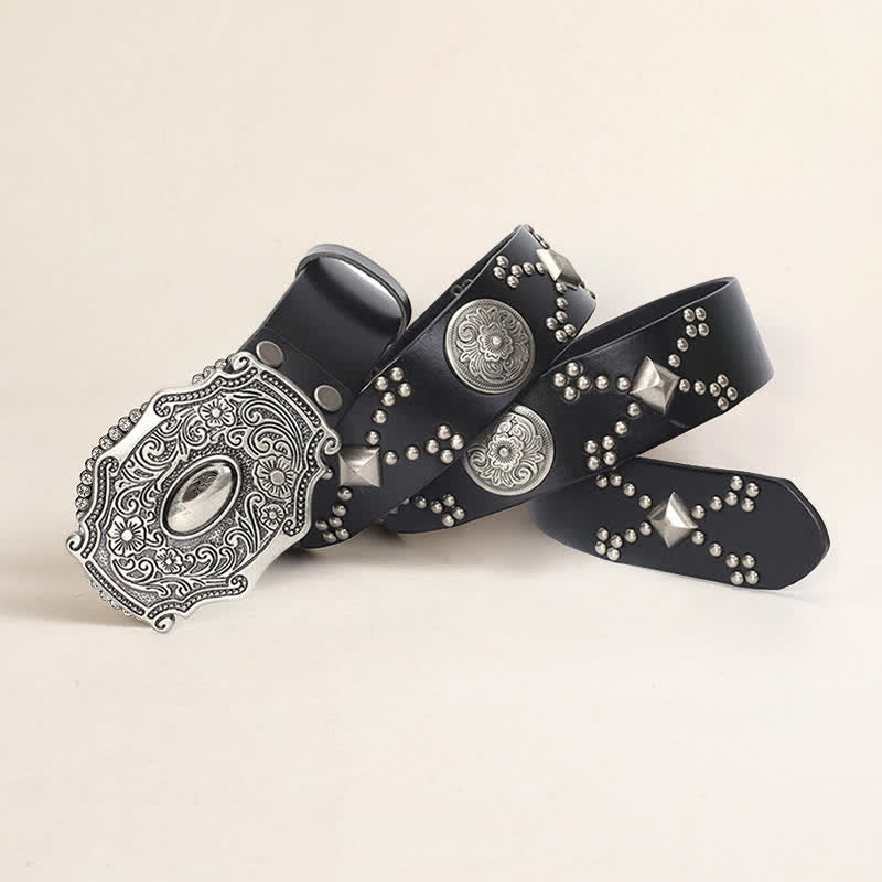 Men's Punk Floral Buckle Rivet Studded Leather Belt - Black - 44 - image 0
