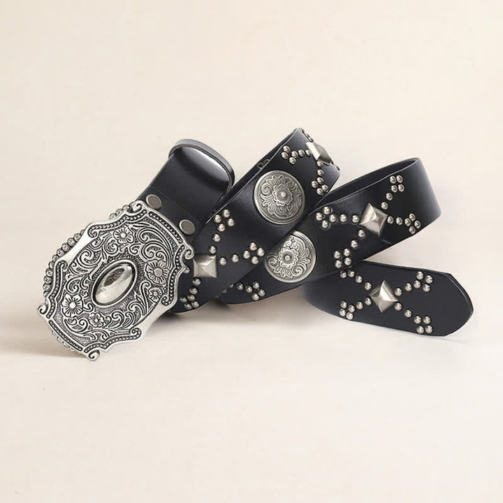 Men's Punk Floral Buckle Rivet Studded Leather Belt - Black - 44 - image 0