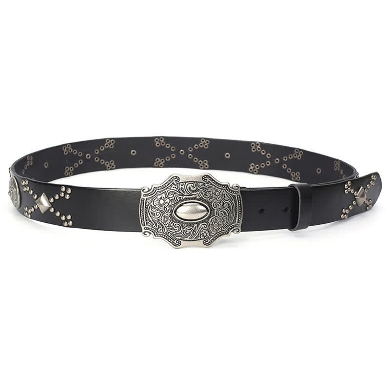 Men's Punk Floral Buckle Rivet Studded Leather Belt - image 1