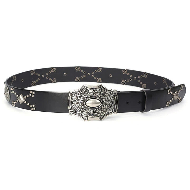 Men's Punk Floral Buckle Rivet Studded Leather Belt - image 1