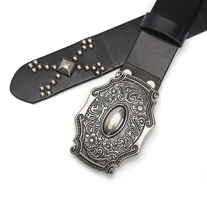 Men's Punk Floral Buckle Rivet Studded Leather Belt - image 6