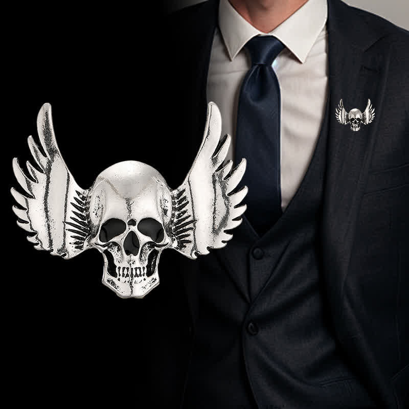 Men's Laughing Skull With Wings Brooch Pin - Laughing Skull With Wings - image 0