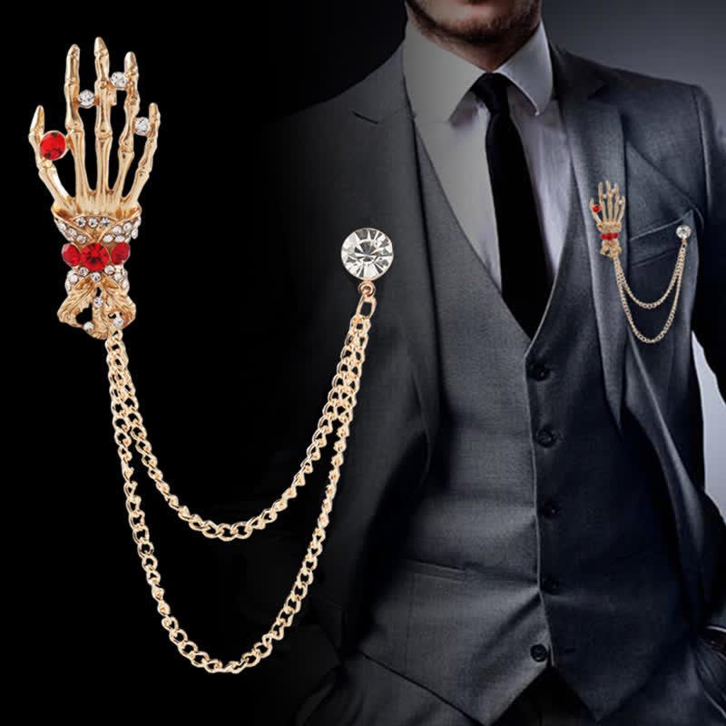 Men's Skeleton Finger Hand Rhinestone Brooch Pin - image 5