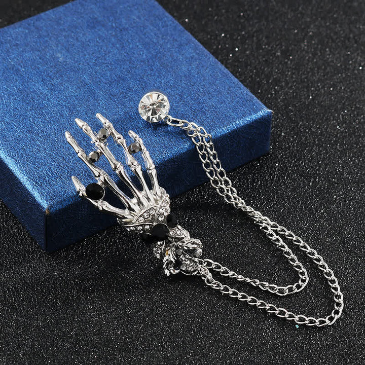 Men's Skeleton Finger Hand Rhinestone Brooch Pin - Style #2 - Silver - image 7