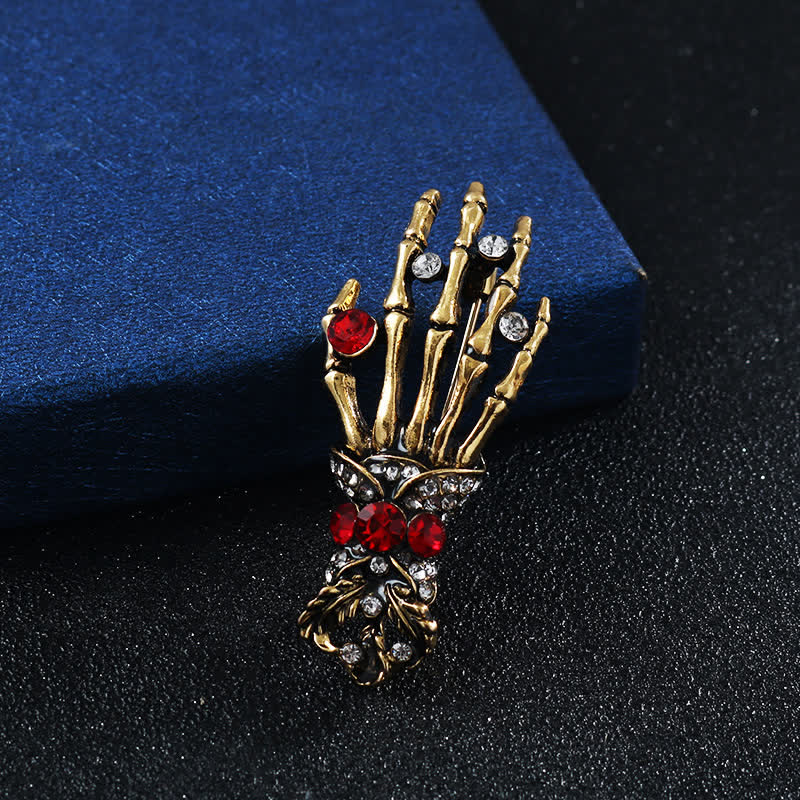 Men's Skeleton Finger Hand Rhinestone Brooch Pin - Style #1 - Gold - image 2