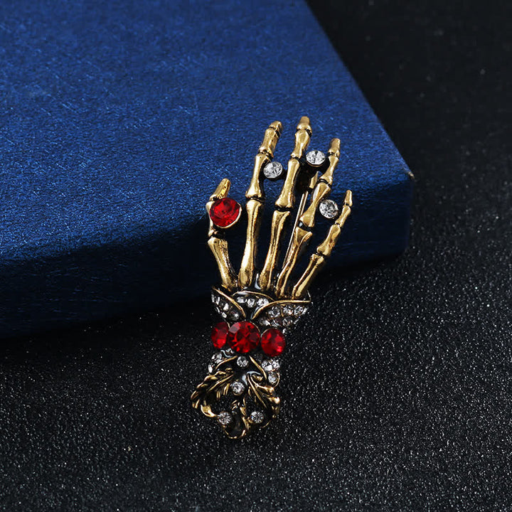 Men's Skeleton Finger Hand Rhinestone Brooch Pin - Style #1 - Gold - image 2