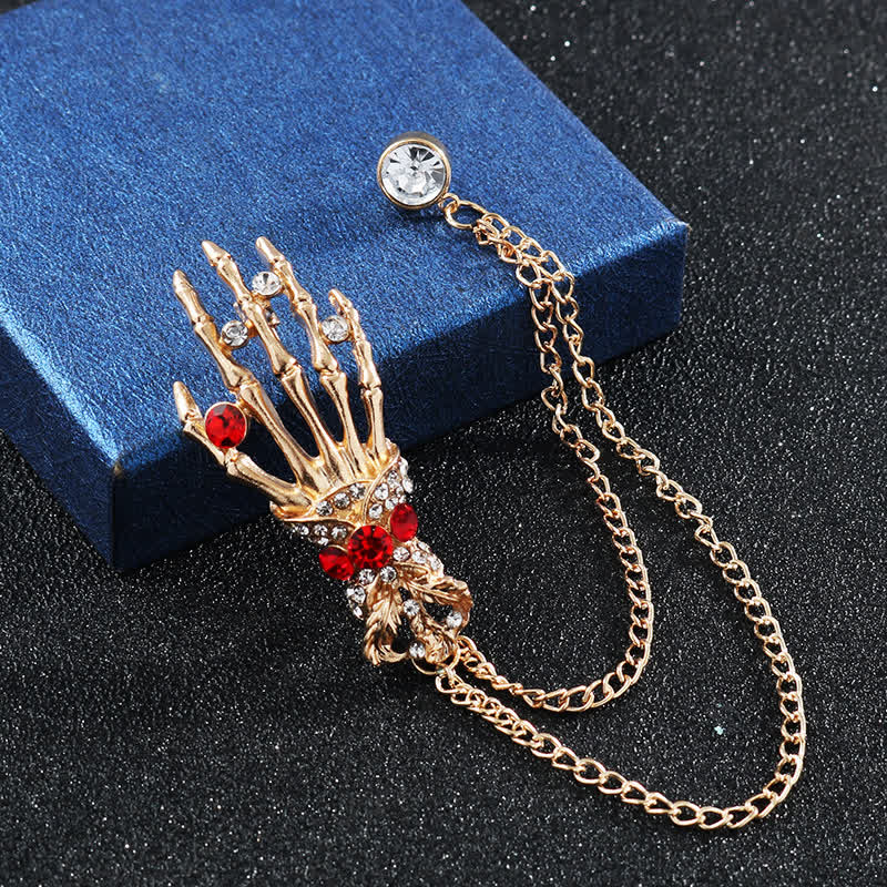 Men's Skeleton Finger Hand Rhinestone Brooch Pin - Style #2 - Gold - image 6