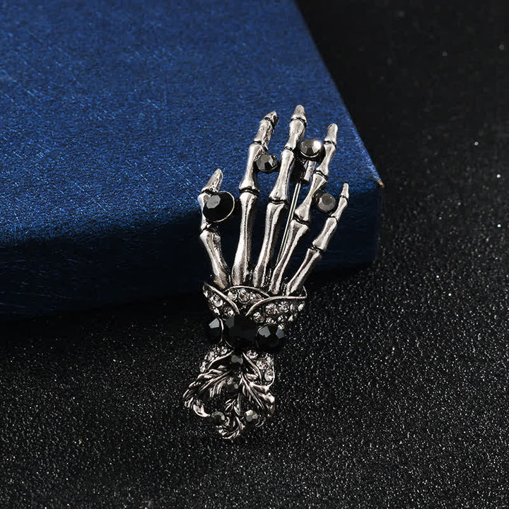 Men's Skeleton Finger Hand Rhinestone Brooch Pin - Style #1 - Silver - image 4