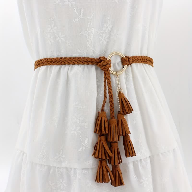 Women's Bohemian Tassels Braided Waist Rope Belt - Brown - 48" - image 0
