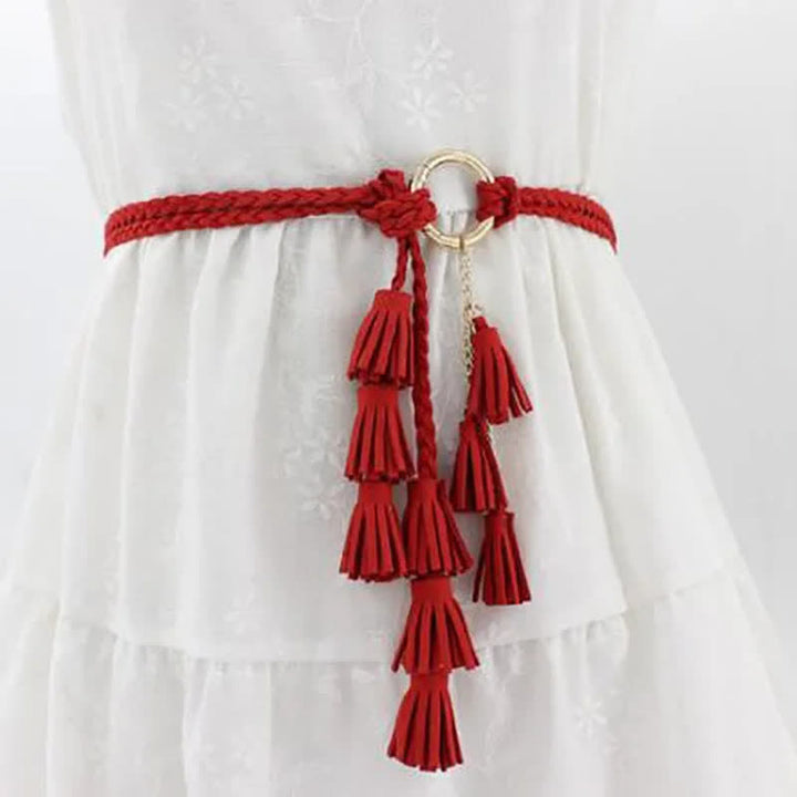 Women's Bohemian Tassels Braided Waist Rope Belt - Red - 48" - image 3