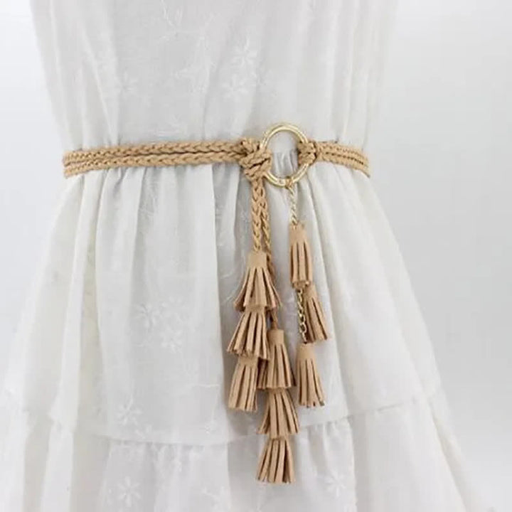 Women's Bohemian Tassels Braided Waist Rope Belt - Khaki - 48" - image 5