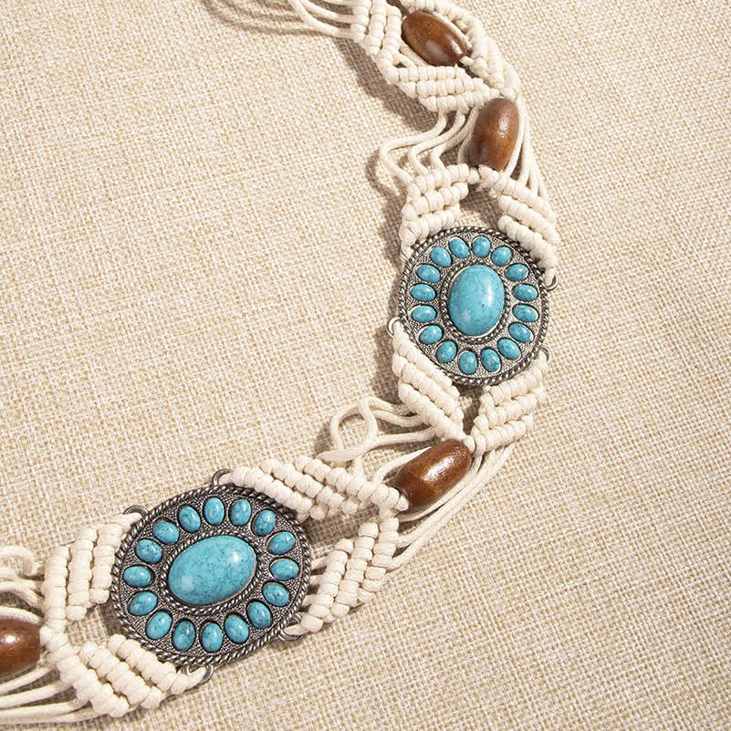 Women's Turquoise Inlaid Bohemian Braided Waist Rope Belt - image 5