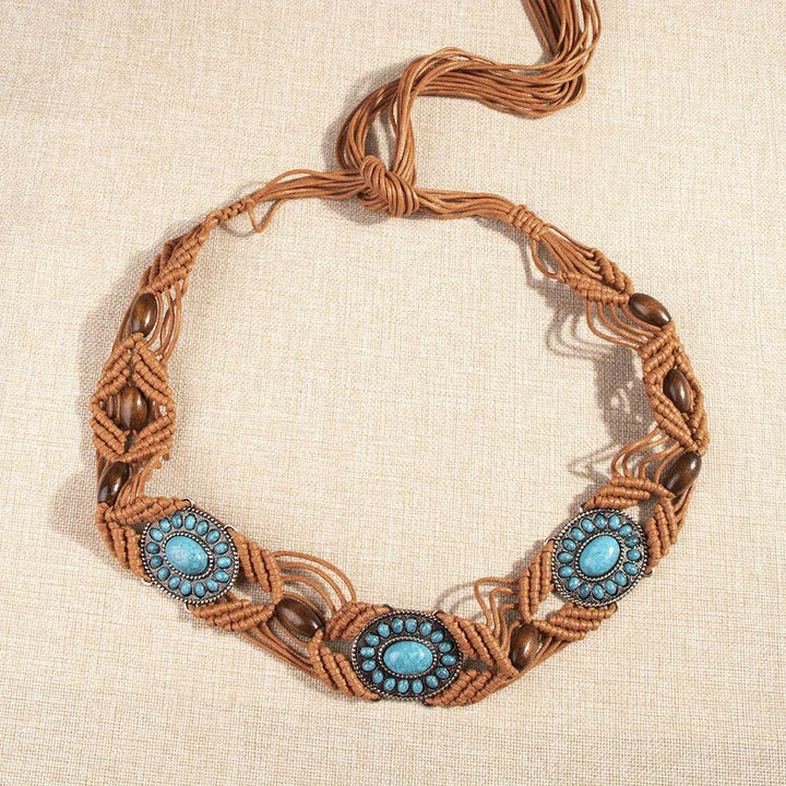 Women's Turquoise Inlaid Bohemian Braided Waist Rope Belt - Brown - 71" - image 1