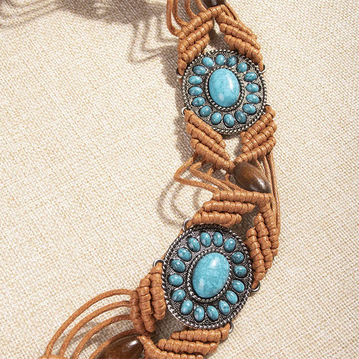 Women's Turquoise Inlaid Bohemian Braided Waist Rope Belt - image 2