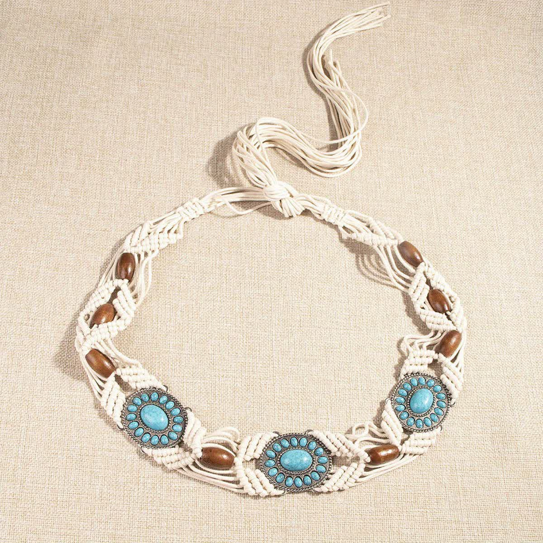Women's Turquoise Inlaid Bohemian Braided Waist Rope Belt - Beige - 71" - image 4