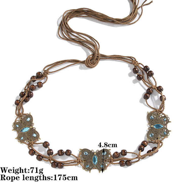 Women's Butterfly Flower Sash Boho Braided Waist Rope Belt - Blue Butterfly - 69" - image 2