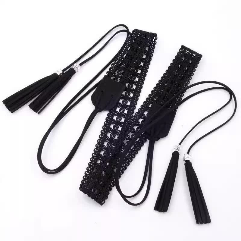 Women's Hollow Flower Bohemia Style Waist Rope Belt - Black - 67" - image 9
