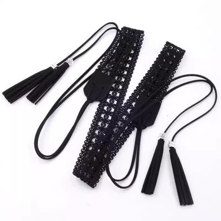 Women's Hollow Flower Bohemia Style Waist Rope Belt - Black - 67" - image 9