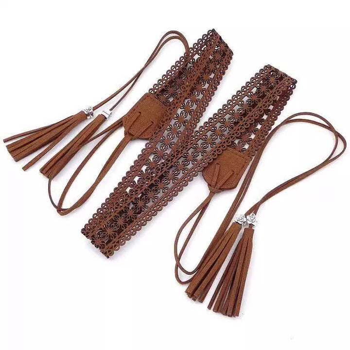 Women's Hollow Flower Bohemia Style Waist Rope Belt - Dark Brown - 67" - image 8