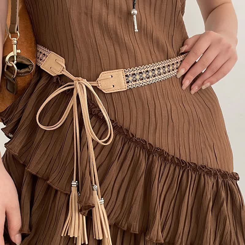 Women's Hollow Flower Bohemia Style Waist Rope Belt - Apricot - 67" - image 0