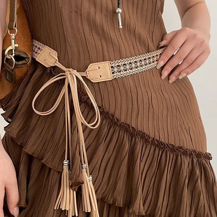 Women's Hollow Flower Bohemia Style Waist Rope Belt - Apricot - 67" - image 0