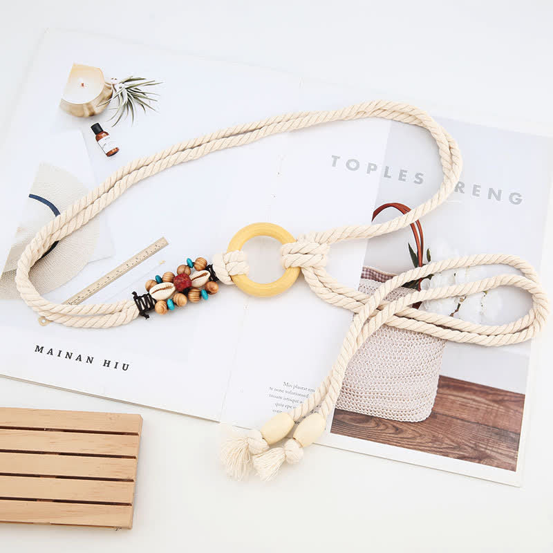 Women's Tribal Decor Ring Link Boho Waist Rope Belt - White - 55" - image 2