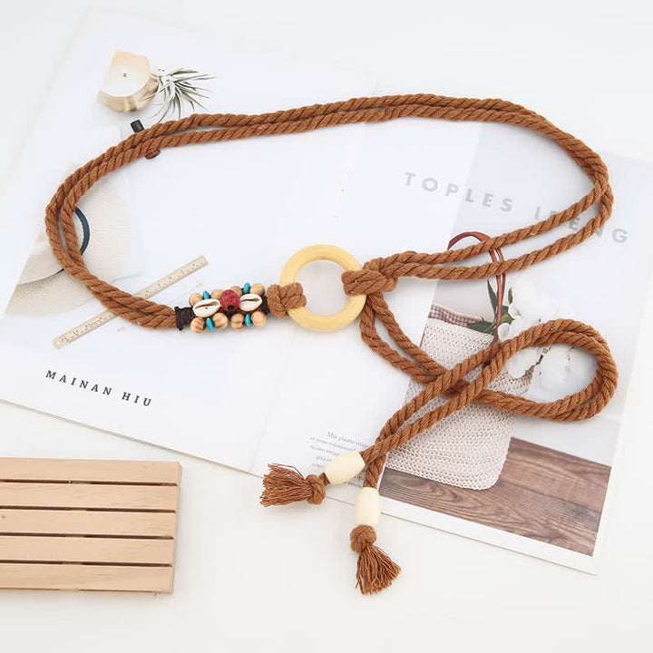 Women's Tribal Decor Ring Link Boho Waist Rope Belt - Brown - 55" - image 7
