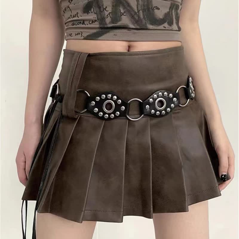 Women's Goth Leather Rivet Circular Ring Waist Rope Belt - Black - 75" - image 0