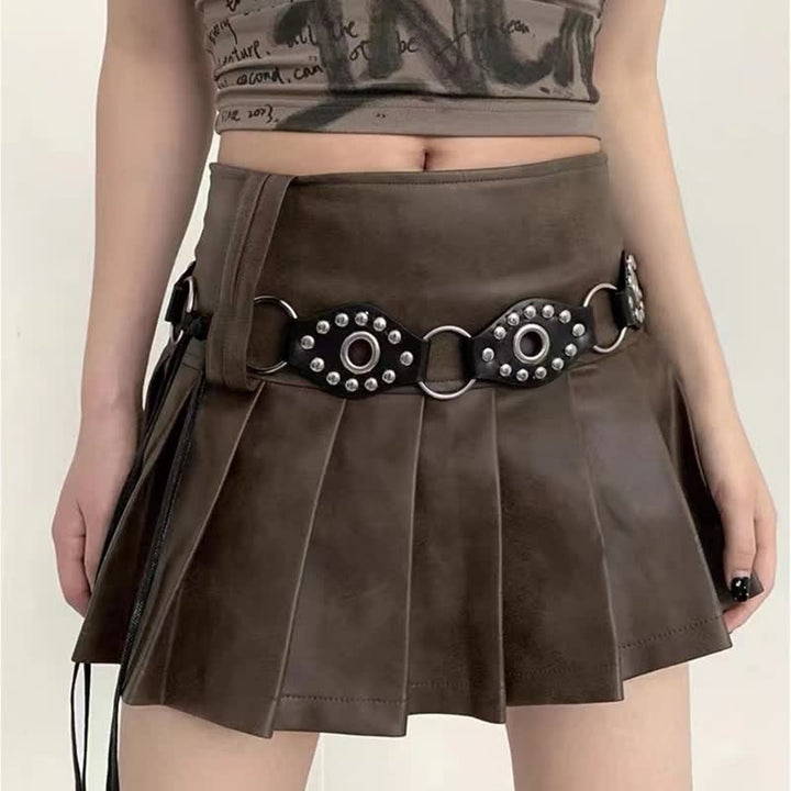 Women's Goth Leather Rivet Circular Ring Waist Rope Belt - Black - 75" - image 0