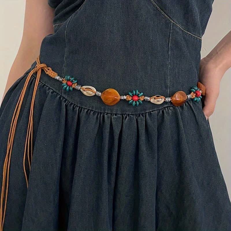 Women's Beaded Flower Shell Boho Braided Waist Rope Belt - image 0