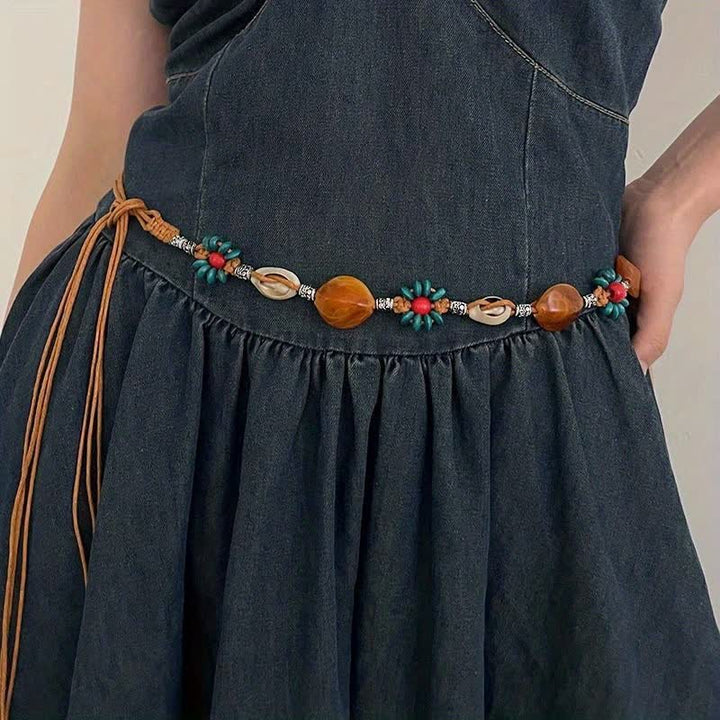 Women's Beaded Flower Shell Boho Braided Waist Rope Belt - image 0