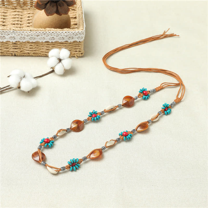 Women's Beaded Flower Shell Boho Braided Waist Rope Belt - Brown - 67" - image 1