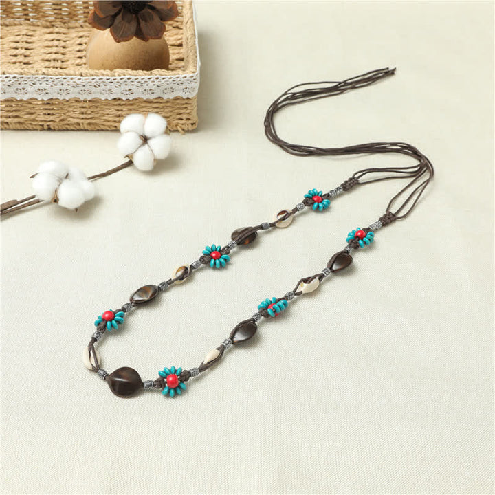 Women's Beaded Flower Shell Boho Braided Waist Rope Belt - Black - 67" - image 3