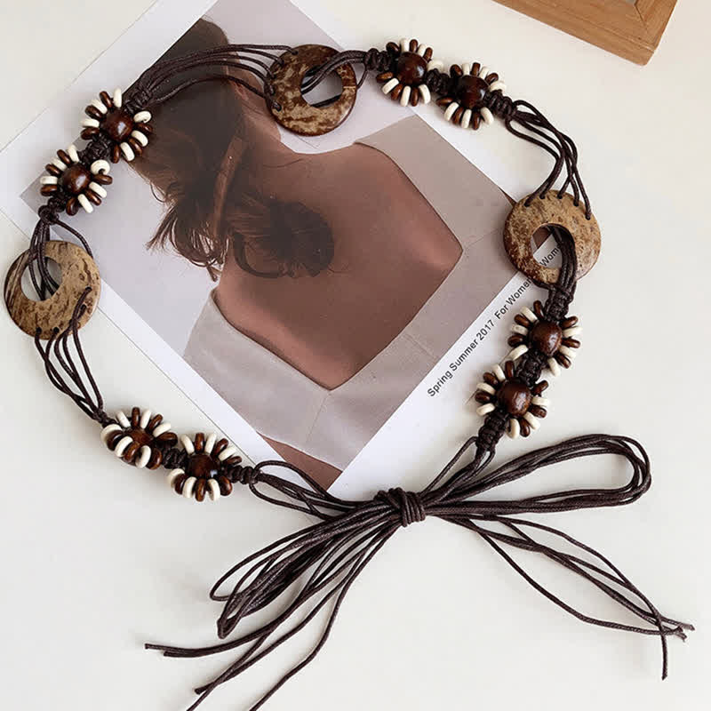 Women's Beaded Boho Lace Up Braided Waist Rope Belt - Brown - 73" - image 2