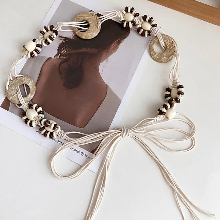 Women's Beaded Boho Lace Up Braided Waist Rope Belt - White - 73" - image 5