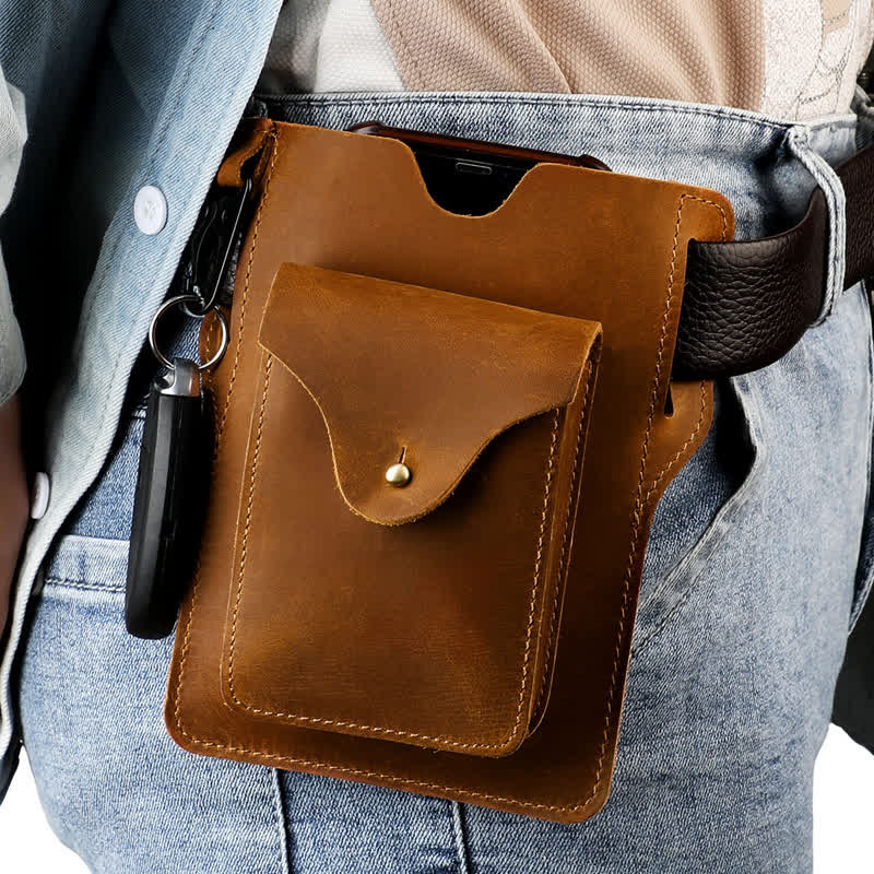 Outdoor Mobile Phone Holster Keychains Leather Belt Bag - Yellowish-Brown - image 0