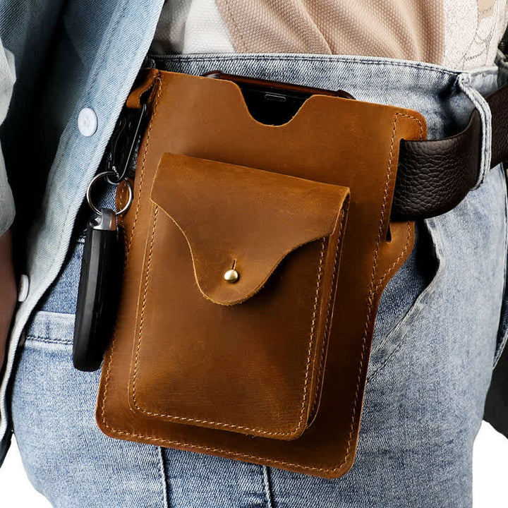 Outdoor Mobile Phone Holster Keychains Leather Belt Bag - Yellowish-Brown - image 0