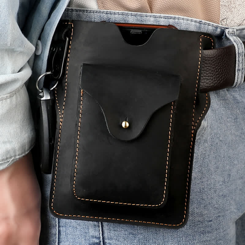 Outdoor Mobile Phone Holster Keychains Leather Belt Bag - Black - image 14