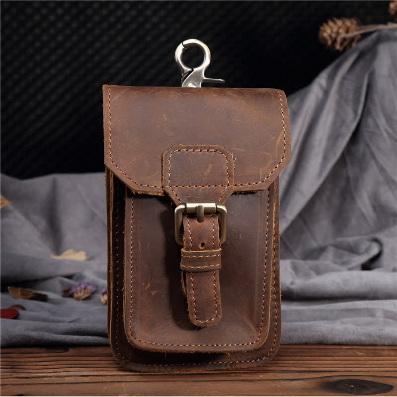 Travel Waist Hanging Pack Hook Leather Belt Bag - Brown - image 0
