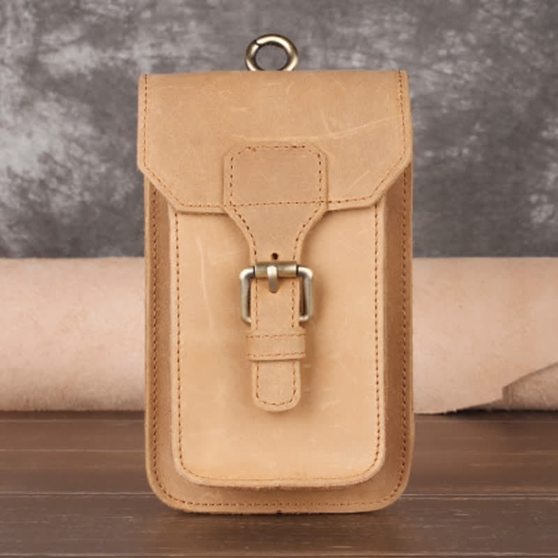 Travel Waist Hanging Pack Hook Leather Belt Bag - Light Brown - image 12