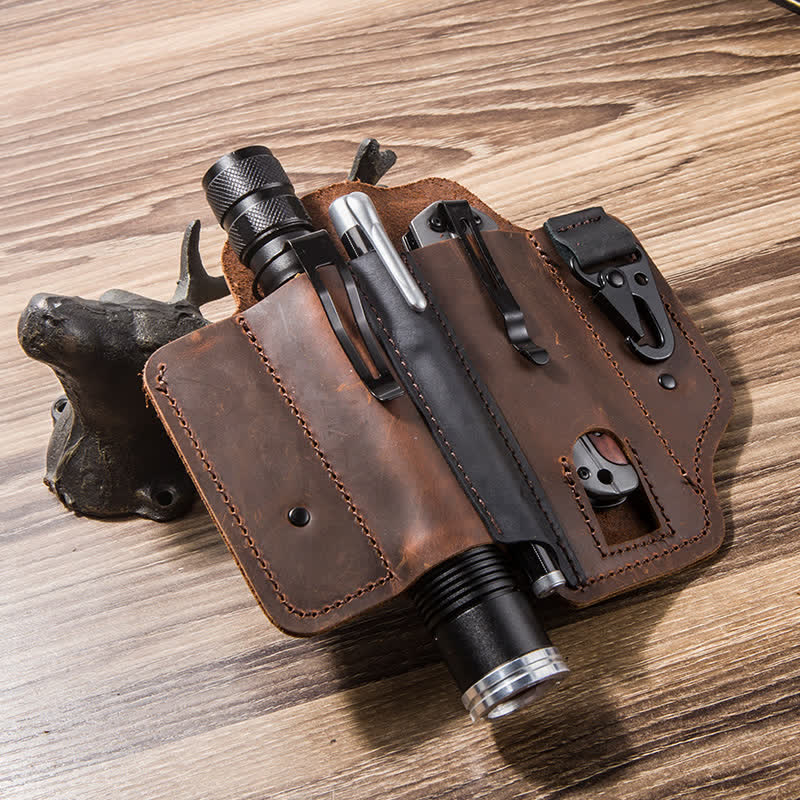 Portable Folding Knife Holster Camping Leather Belt Bag - Brown - image 0