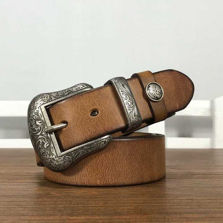 Engraved Floral Indian Element Loop Leather Belt - Yellowish-Brown - 44 - image 0