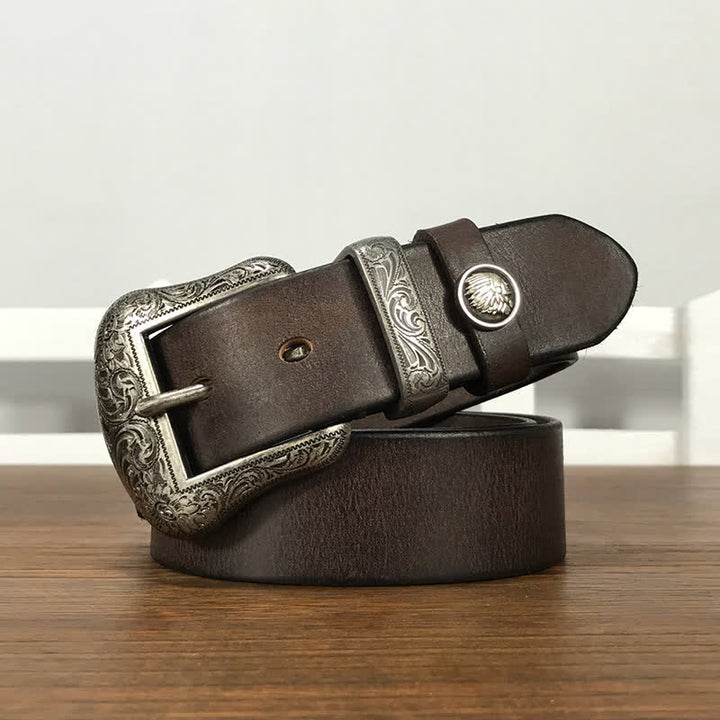 Engraved Floral Indian Element Loop Leather Belt - Coffee - 44 - image 12