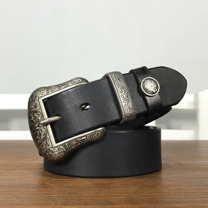 Engraved Floral Indian Element Loop Leather Belt - Black - 44 - image 7