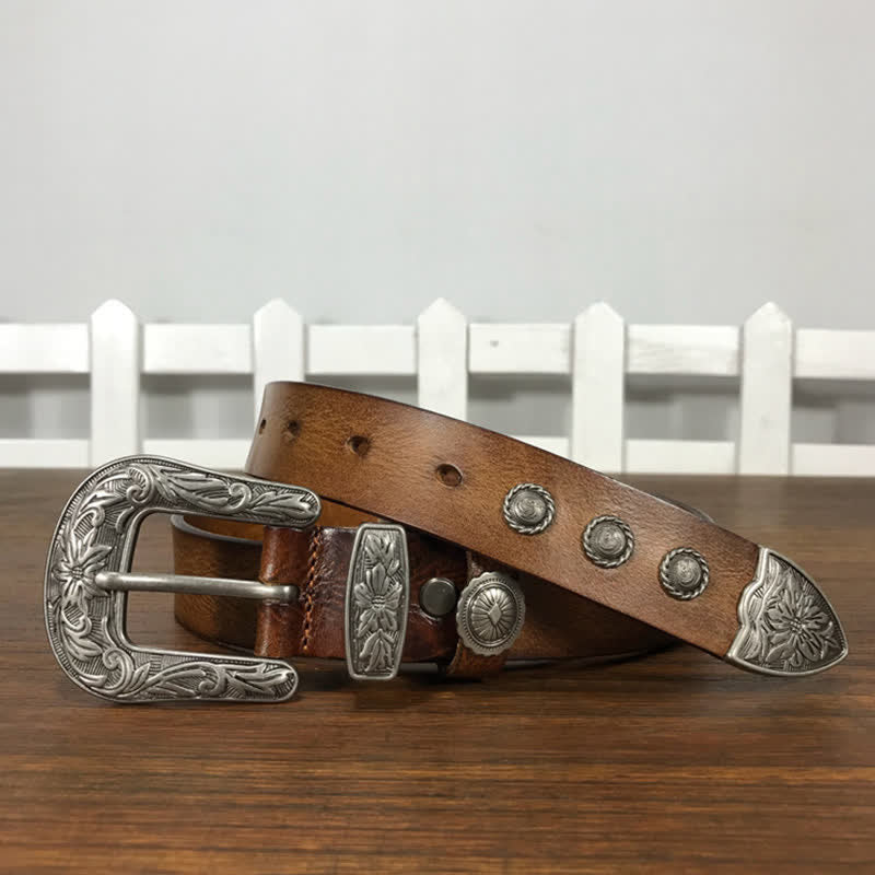Vintage Carved Flower Buckle Rivet Studded Leather Belt - image 9