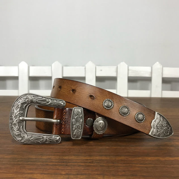 Vintage Carved Flower Buckle Rivet Studded Leather Belt - image 9